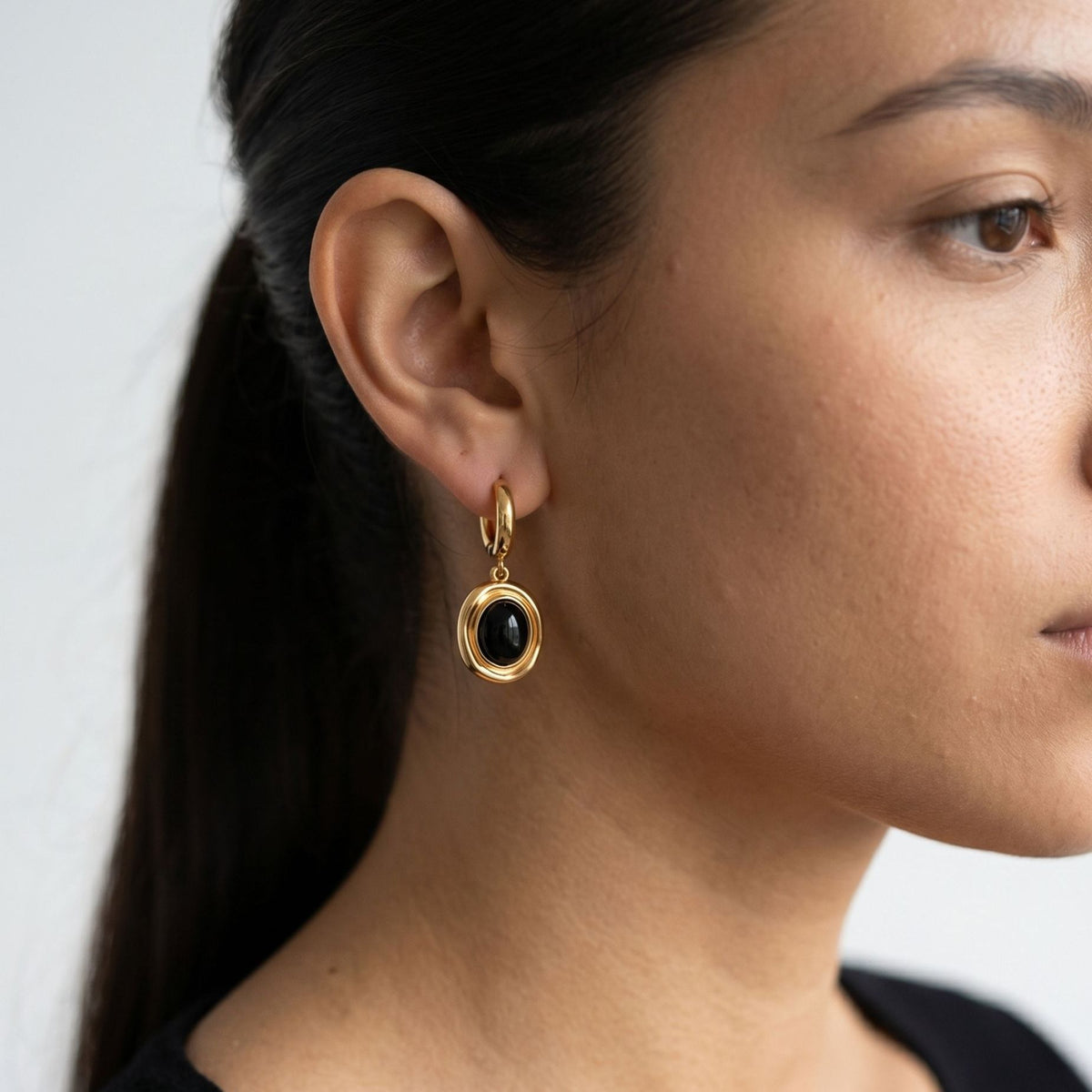 Enso Black Onyx and Molten Gold Drop Huggies