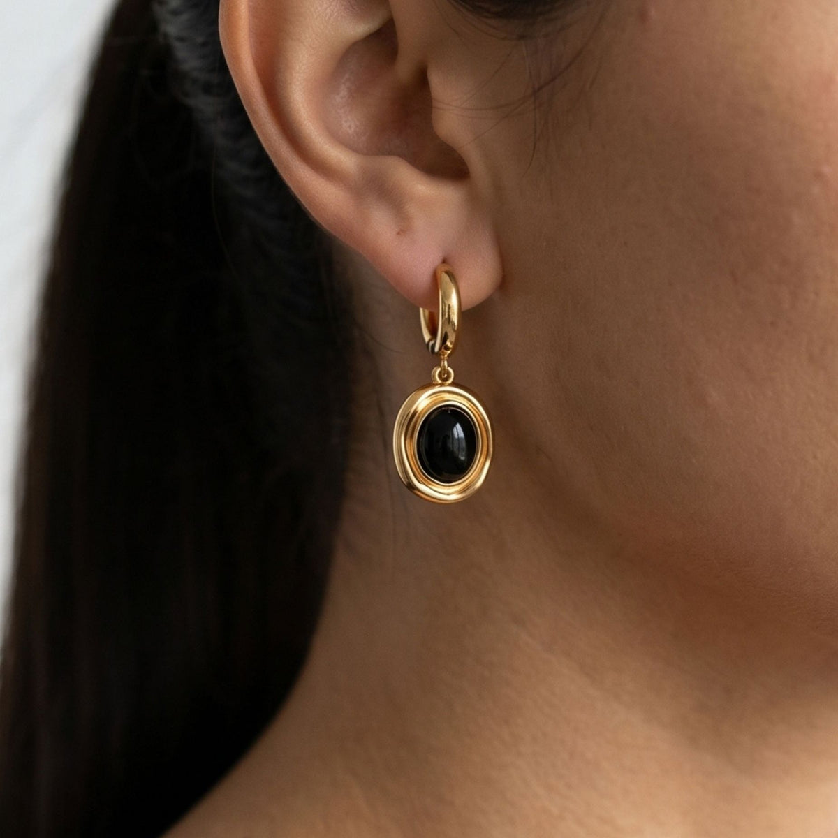Enso Black Onyx and Molten Gold Drop Huggies