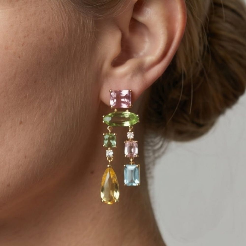 Hanabi Mixed Stone Drop Mismatch Earrings