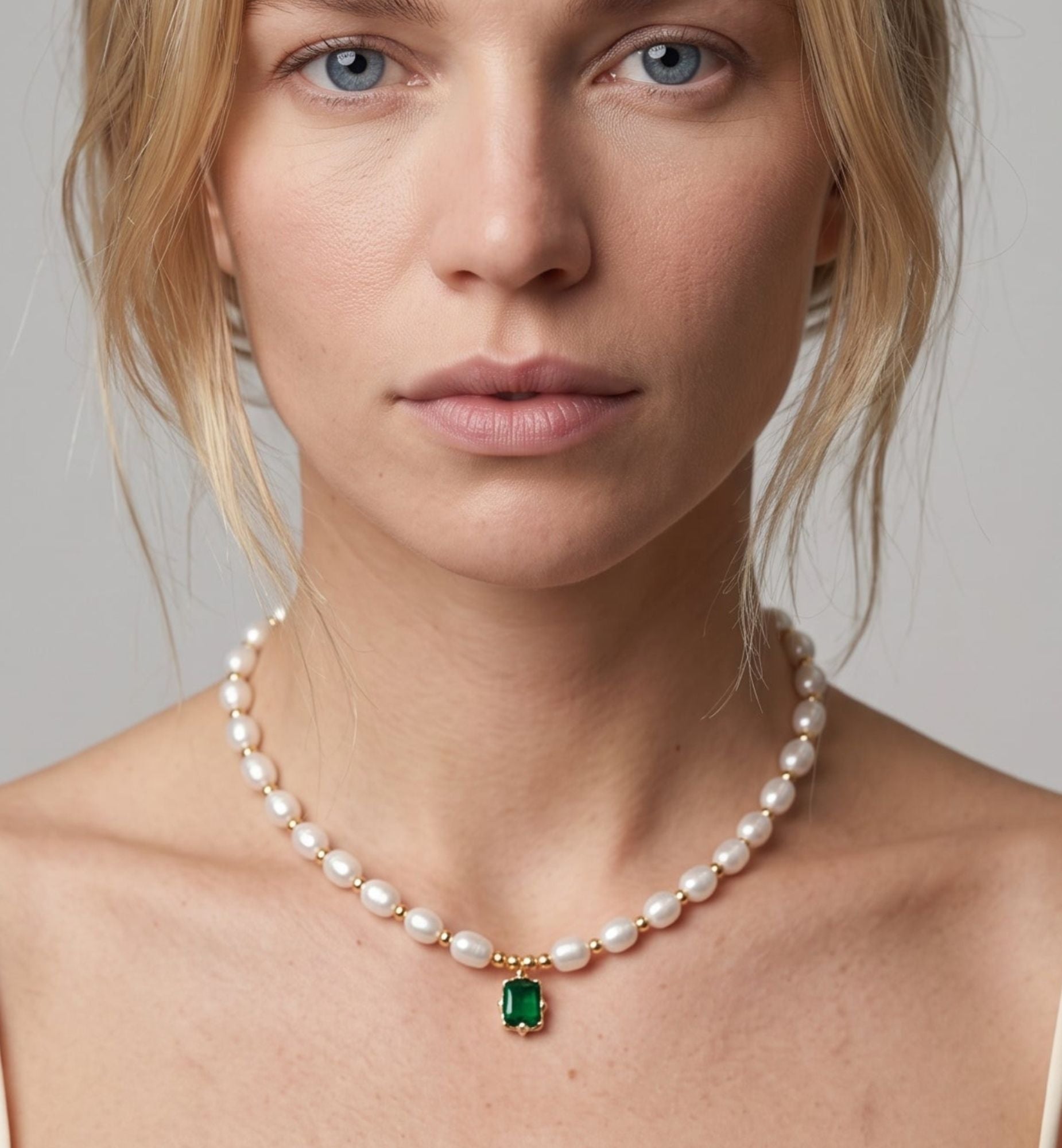 Shinju Pearl Necklace with Green Stone