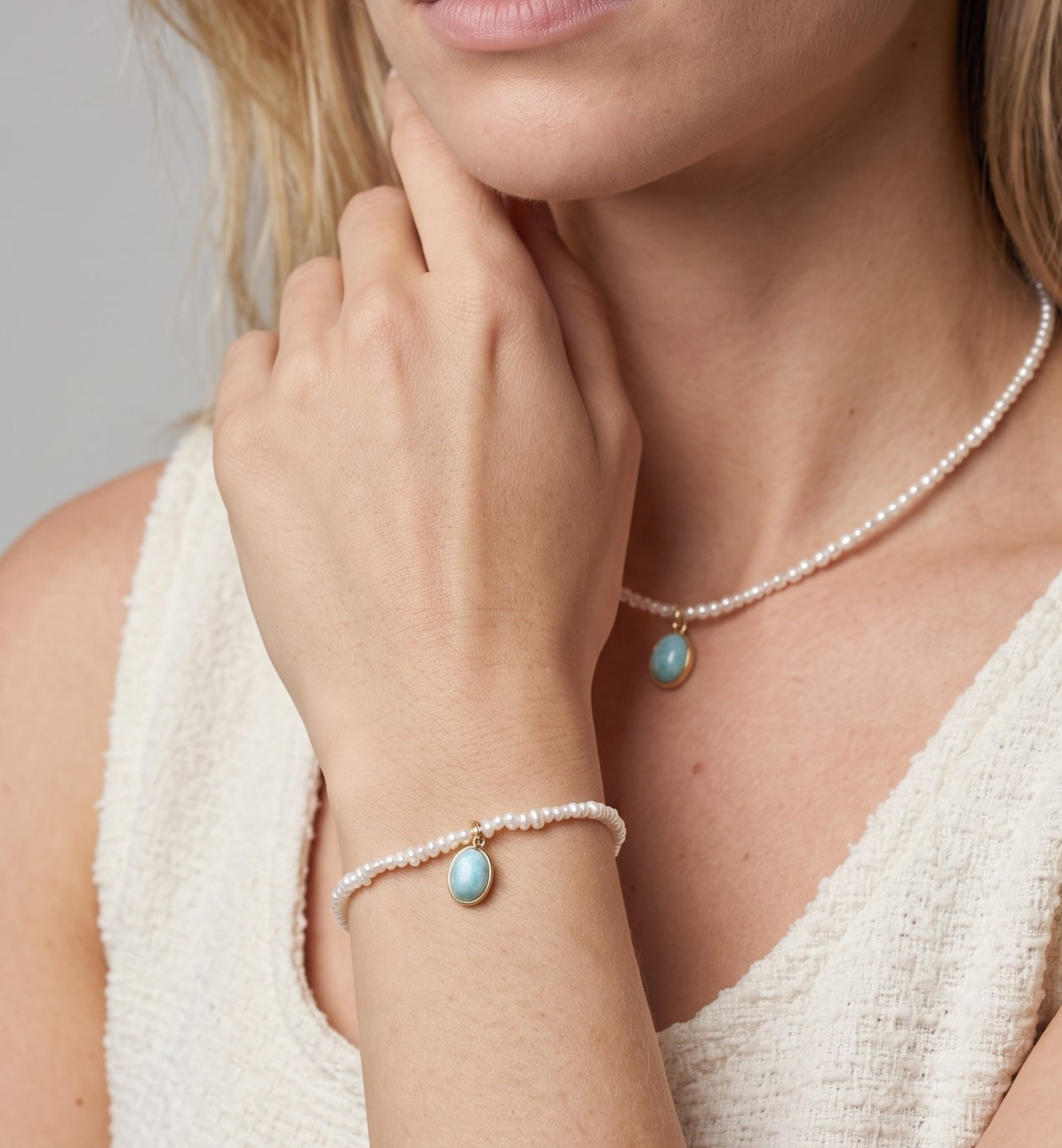 Shinju Pearl and Larimar Stone Pendant Bracelet