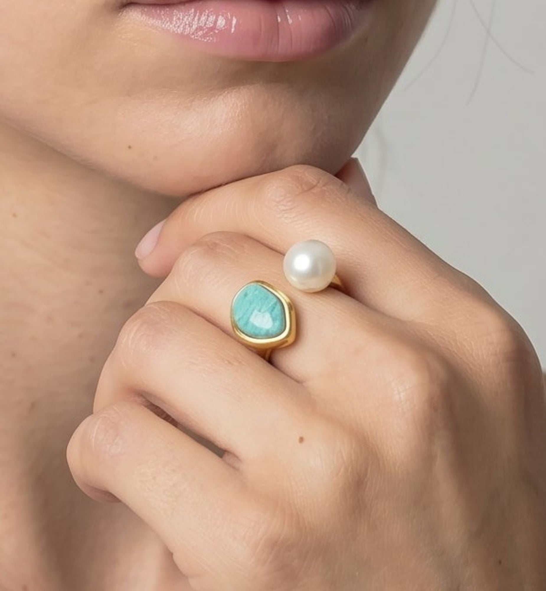 Shinju Pearl and Amazonite Stone Ring