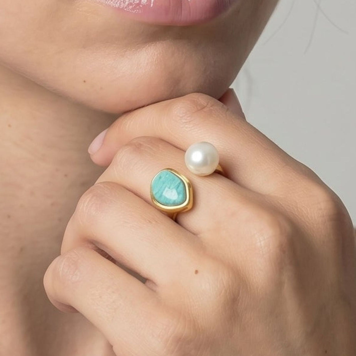 Shinju Pearl and Amazonite Stone Ring