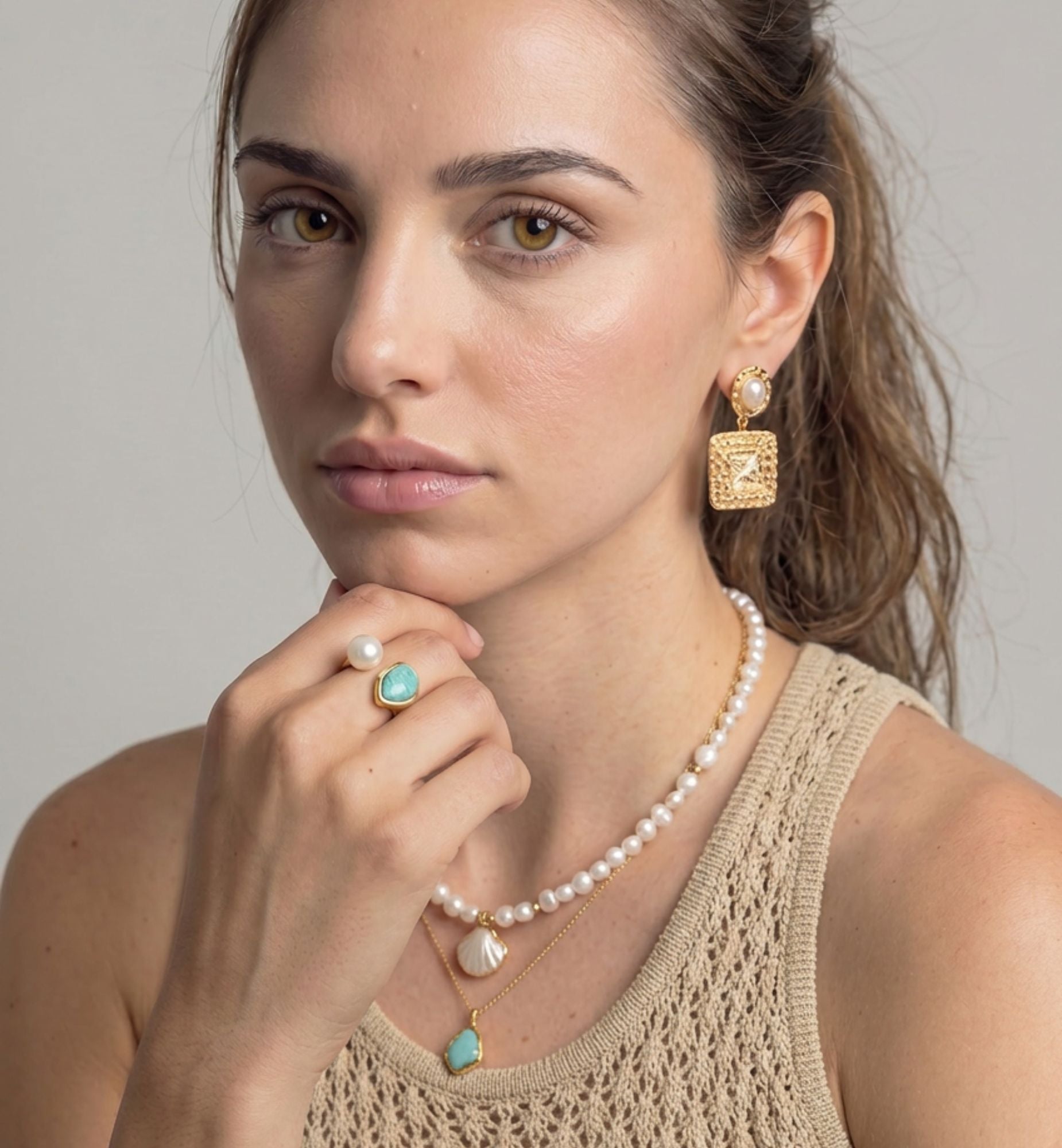 Shinju Pearl and Amazonite Stone Ring