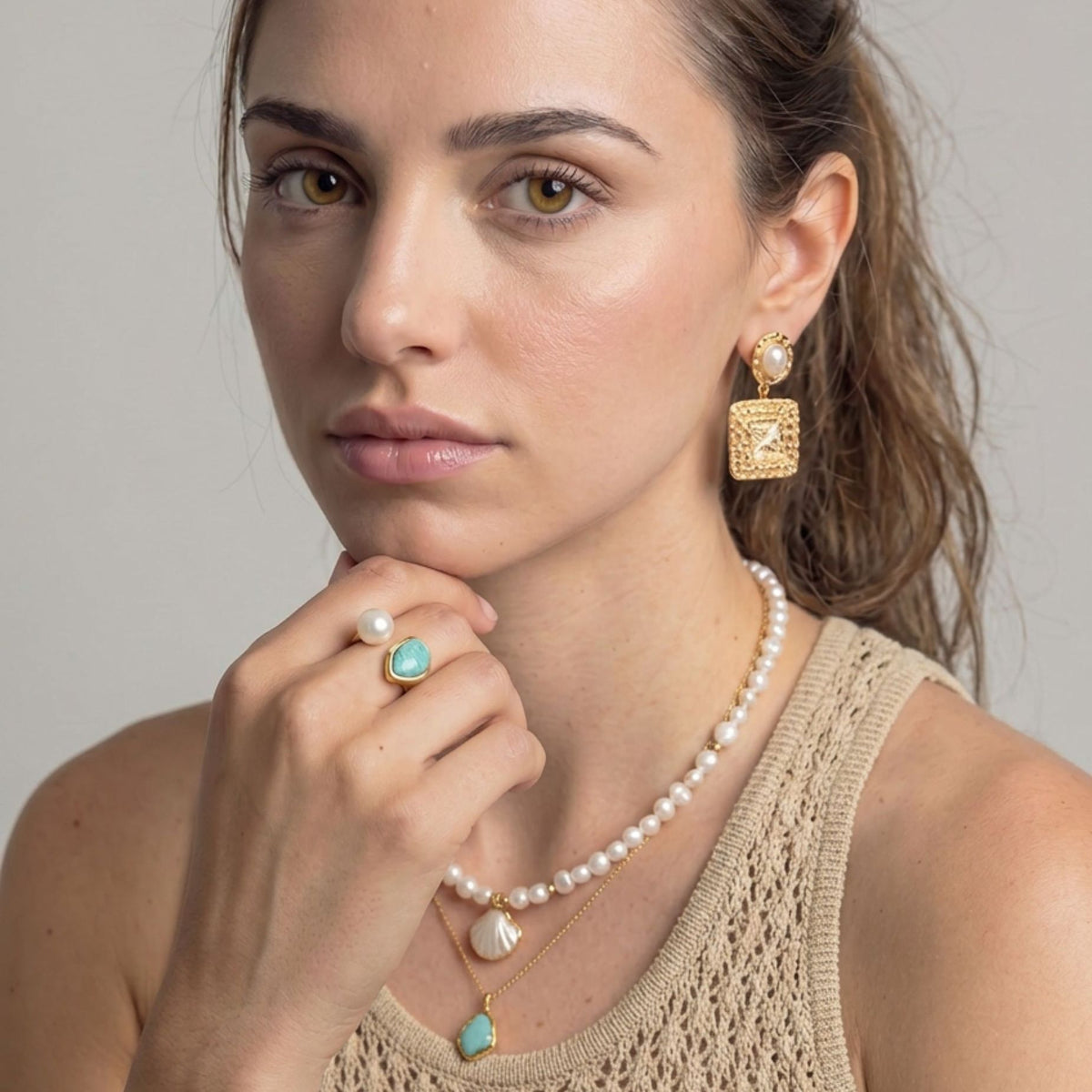Shinju Pearl and Amazonite Stone Ring