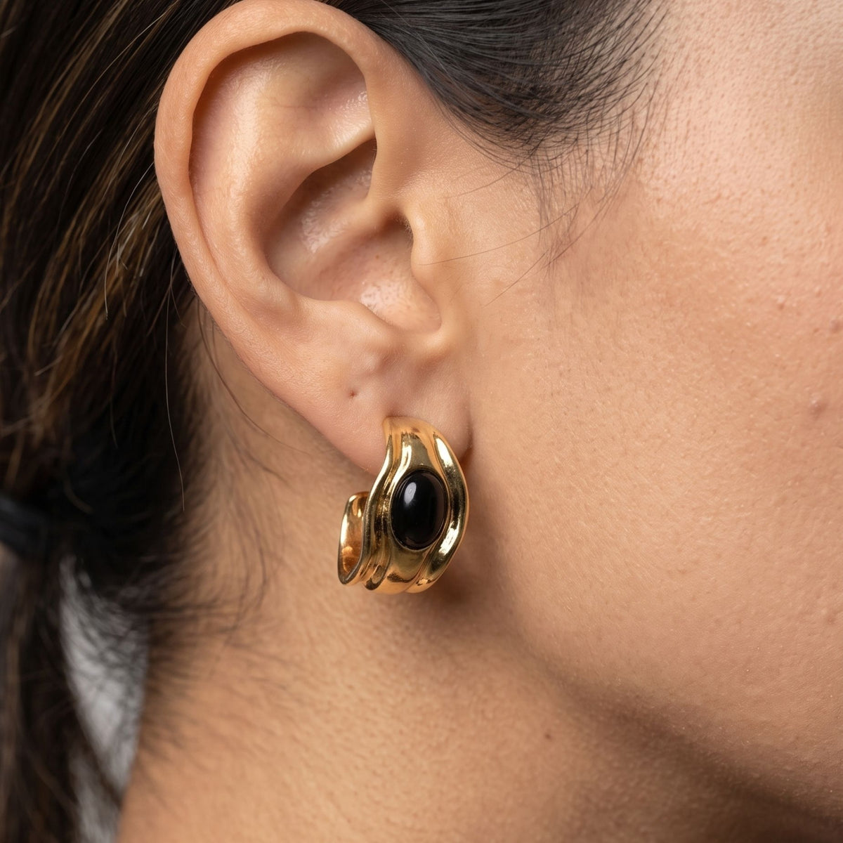 Enso Black Onyx Molten Gold Hoop Earrings