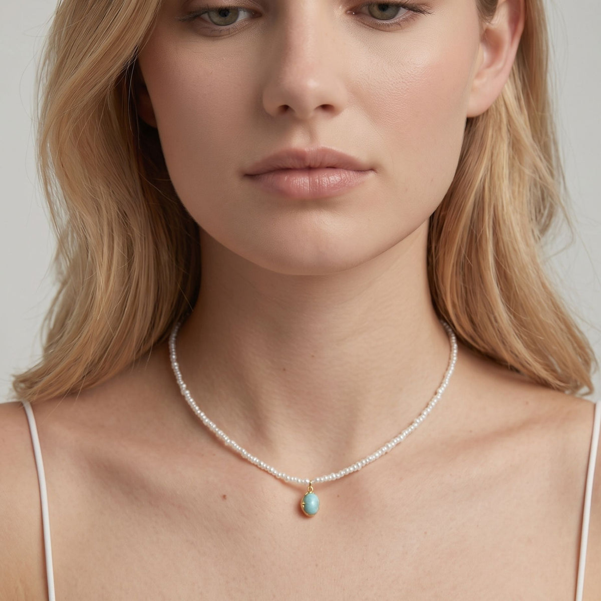 Shinju Pearl and Larimar Stone Pendant Necklace