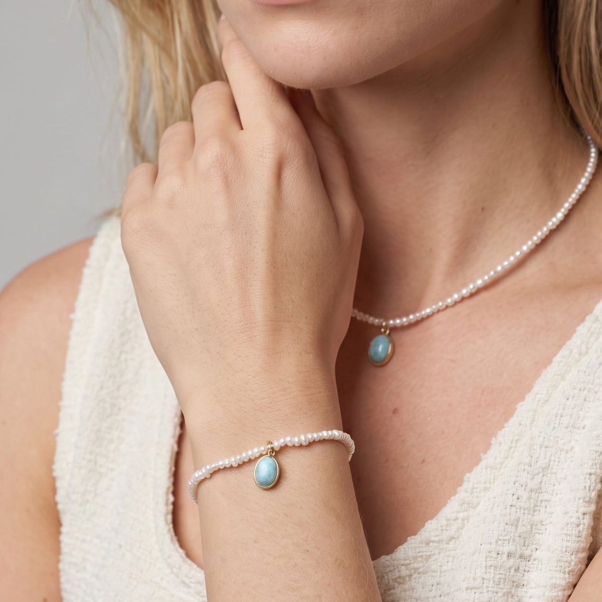 Shinju Pearl and Larimar Stone Pendant Bracelet