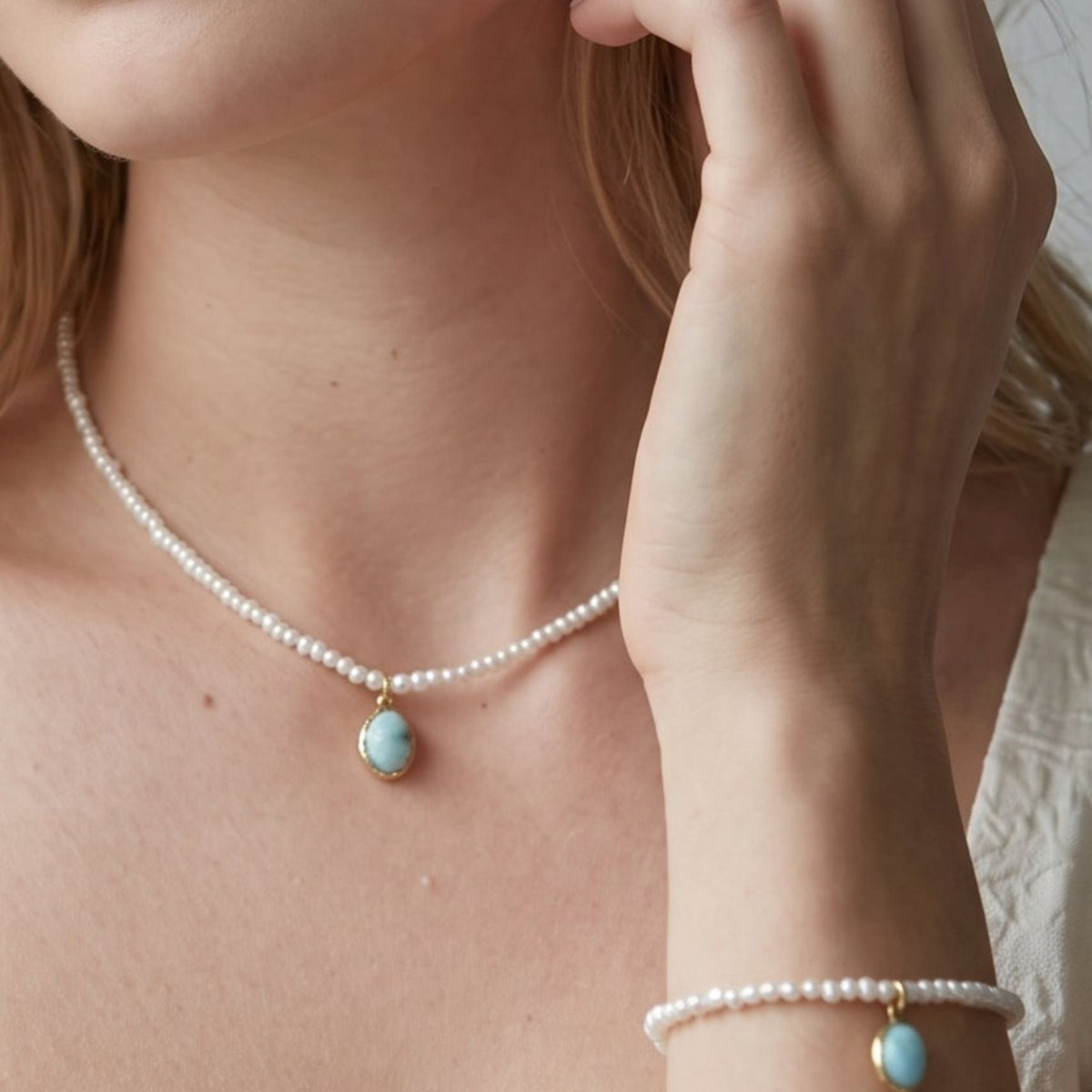 Shinju Pearl and Larimar Stone Pendant Bracelet
