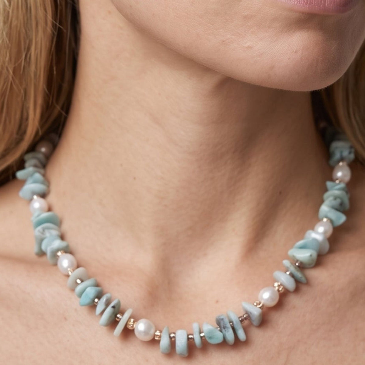 Shinju Pearl and Aqua Larimar Stone Necklace