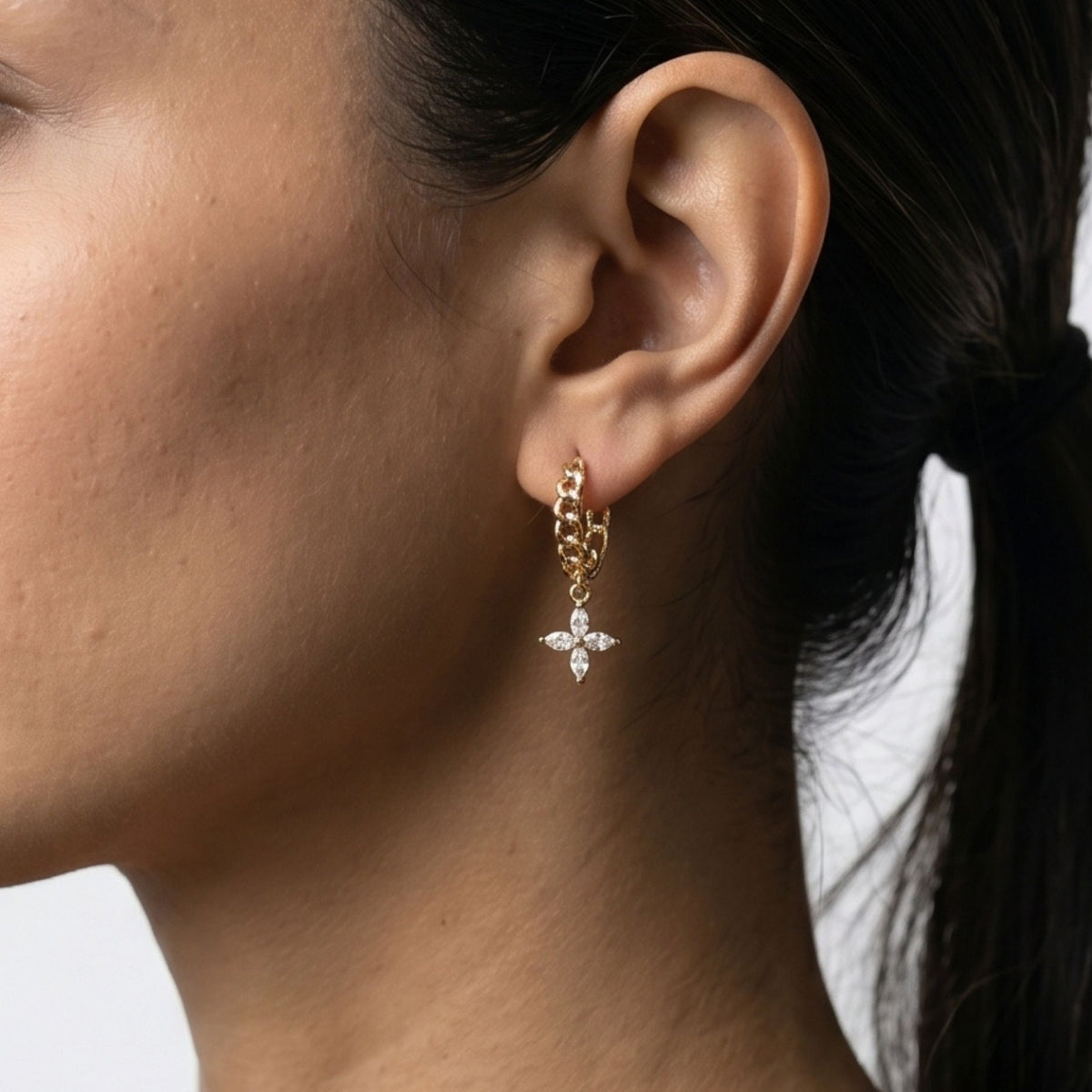 Kinmokusei Gold Flower Drop Chain Hoop Earrings