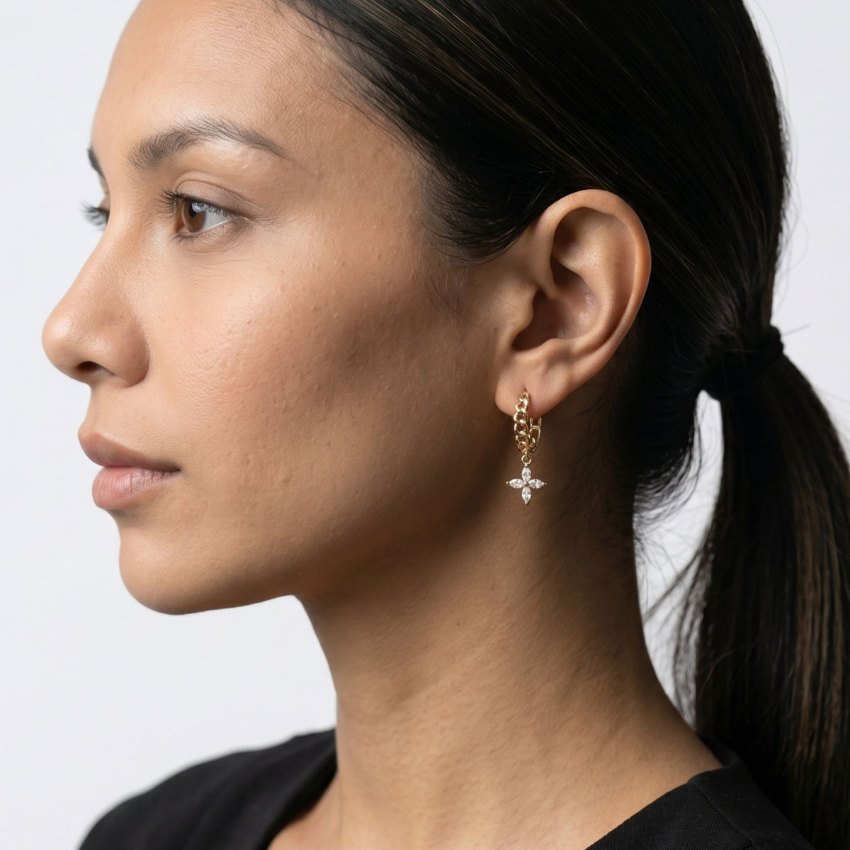 Kinmokusei Gold Flower Drop Chain Hoop Earrings