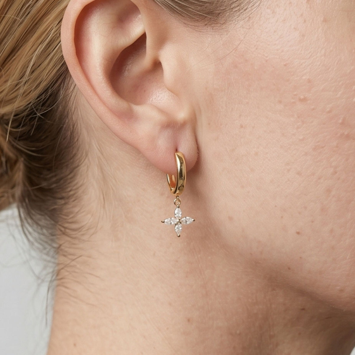 Kinmokusei Gold Flower Drop Huggie Hoop Earrings