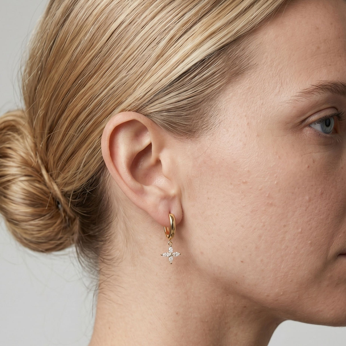 Kinmokusei Gold Flower Drop Huggie Hoop Earrings