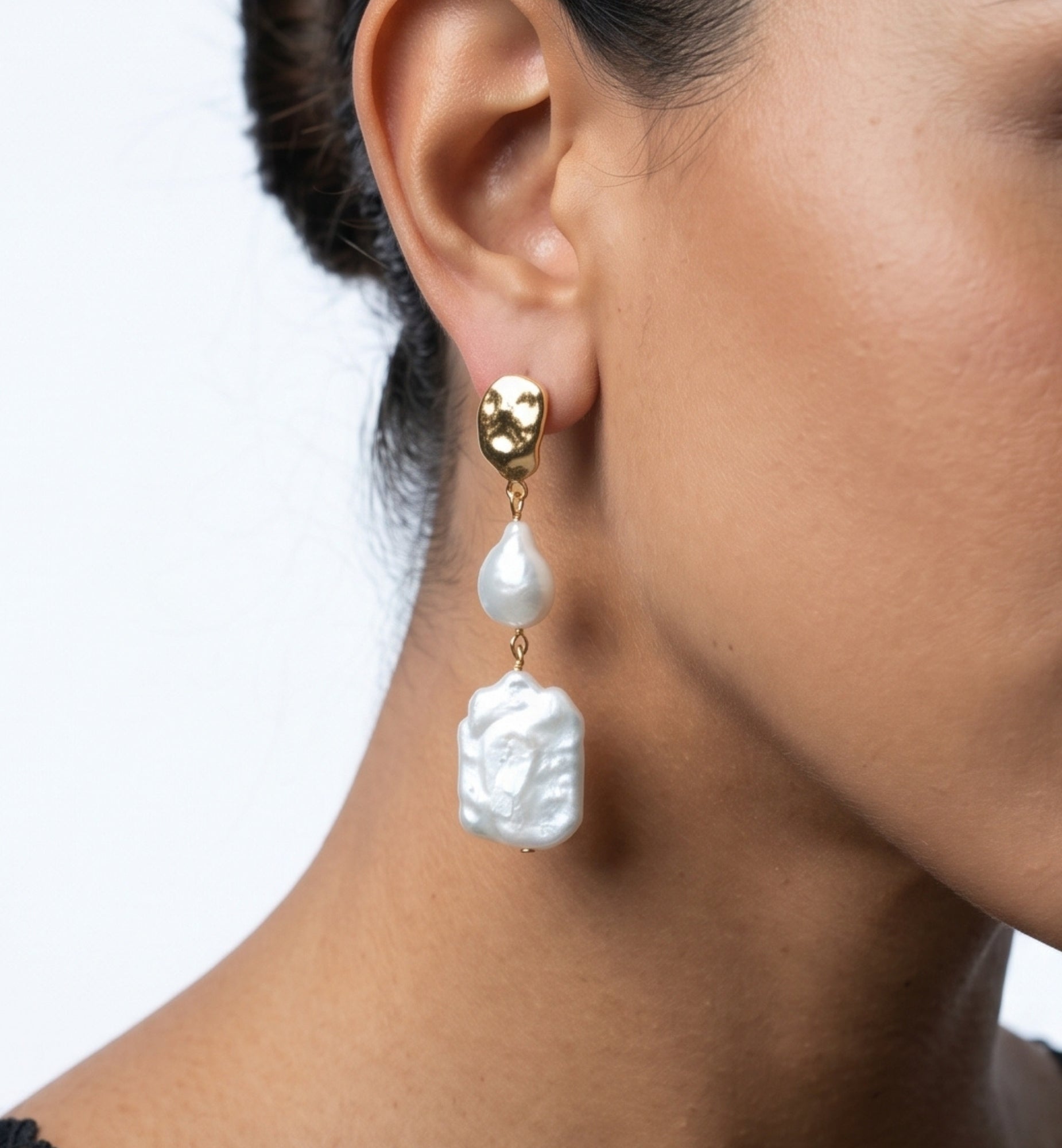 Shinju Gold Square Pearl Earrings + Necklace