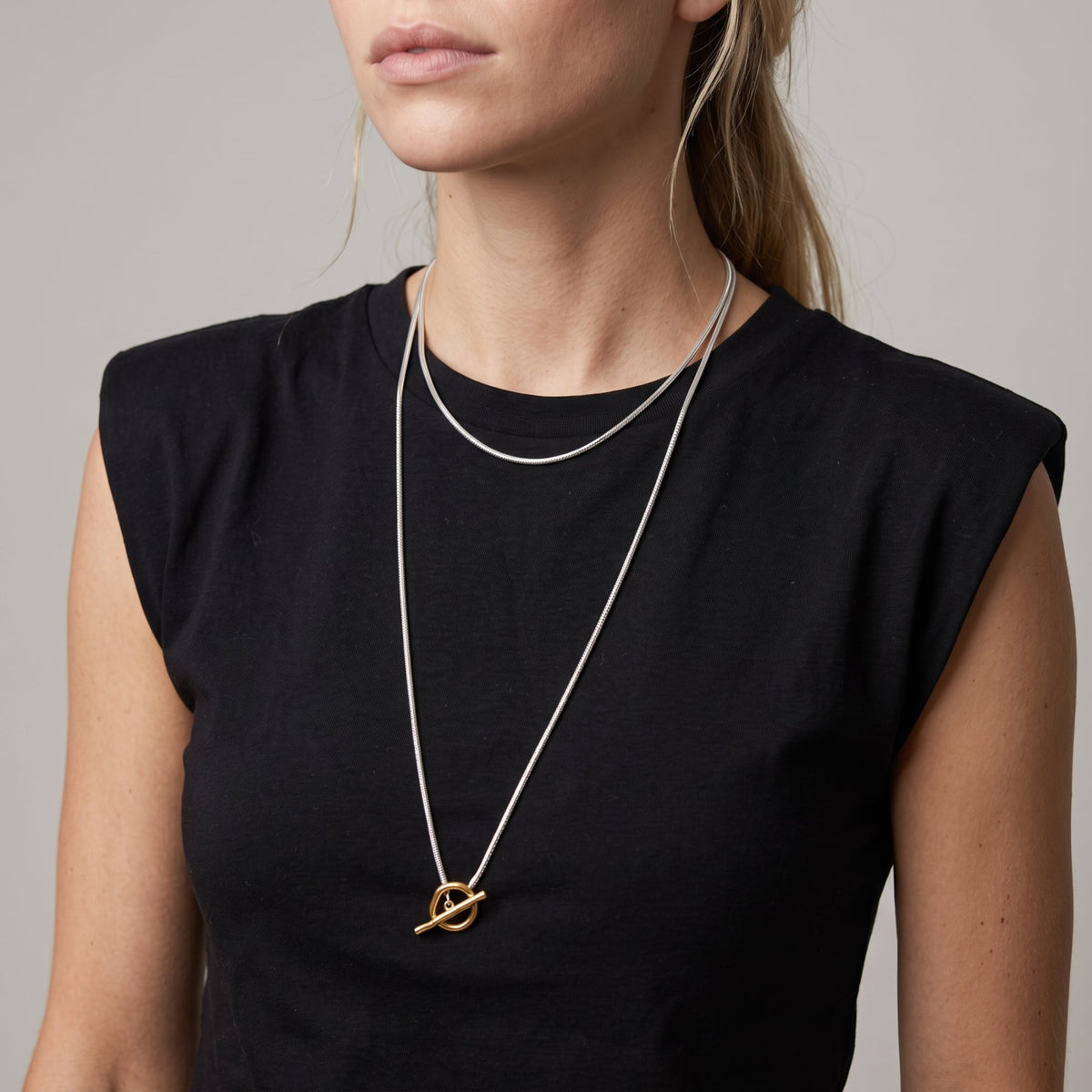 T Bar Gold and Silver Double Wrap Necklace