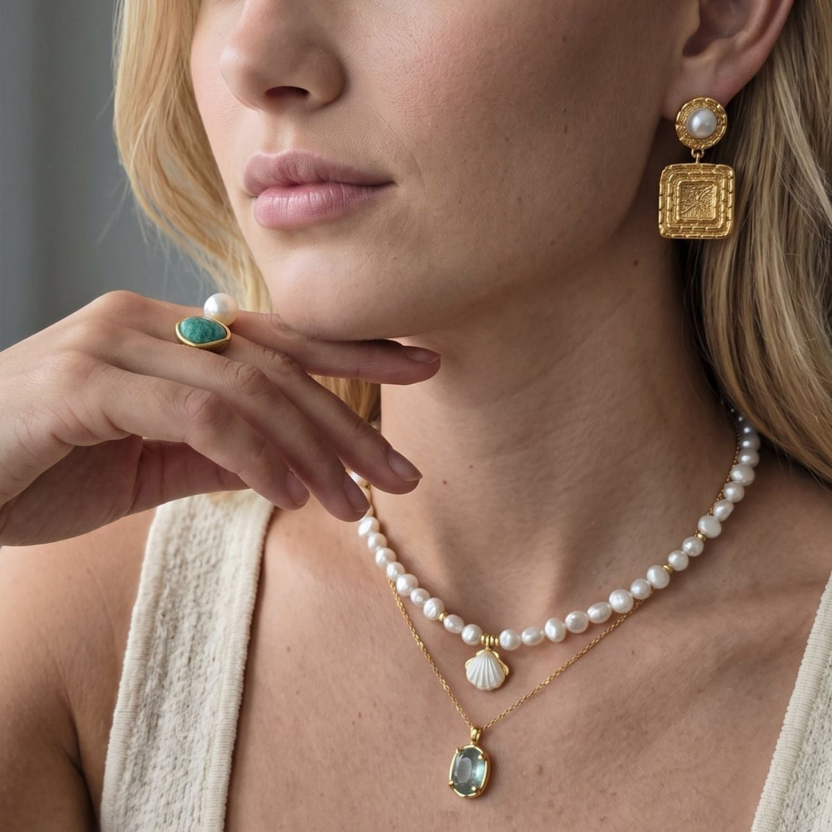 Shinju Pearl and Sculptural Square Earrings