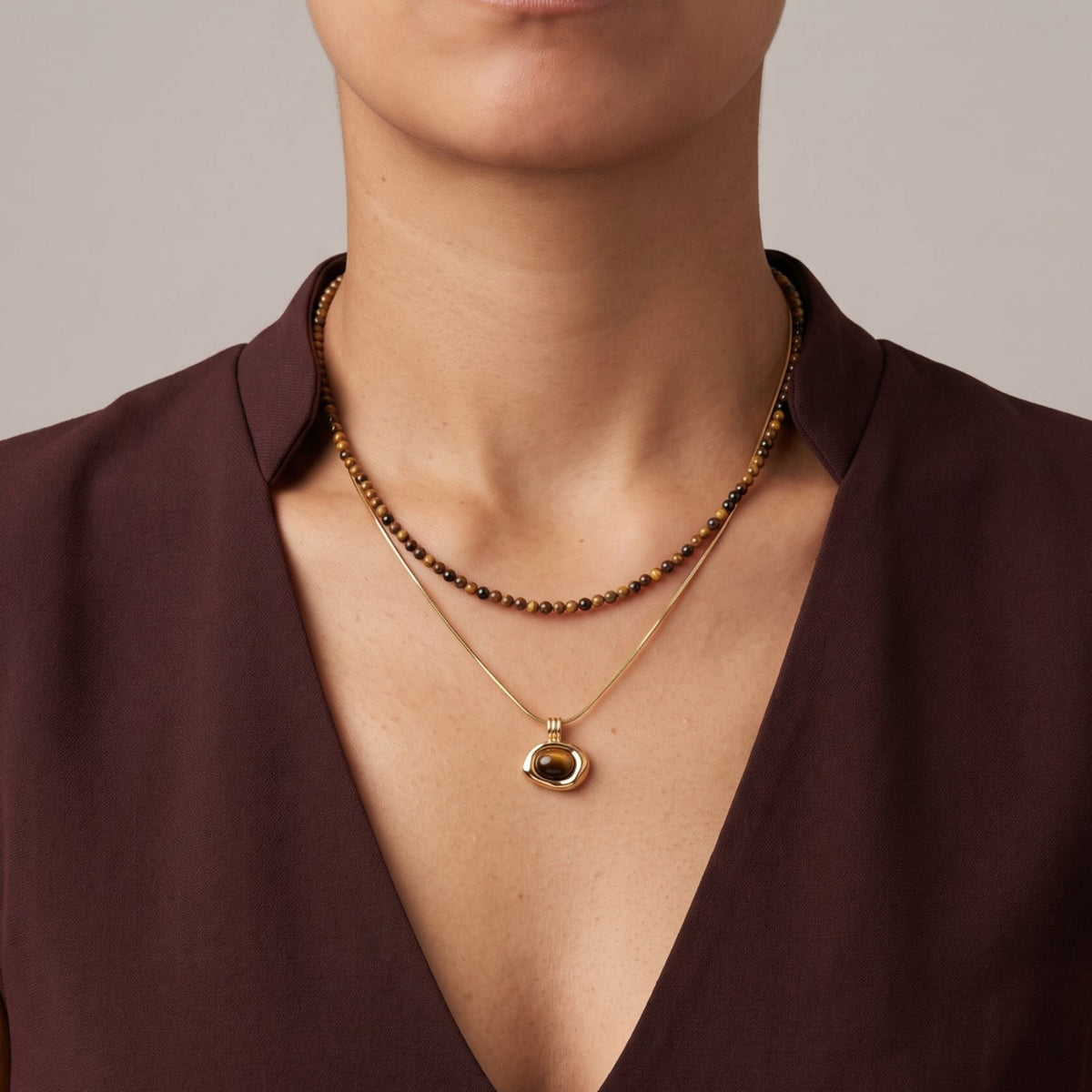 Nekomeishi Tiger's Eye Beads and Gold chain Pendant