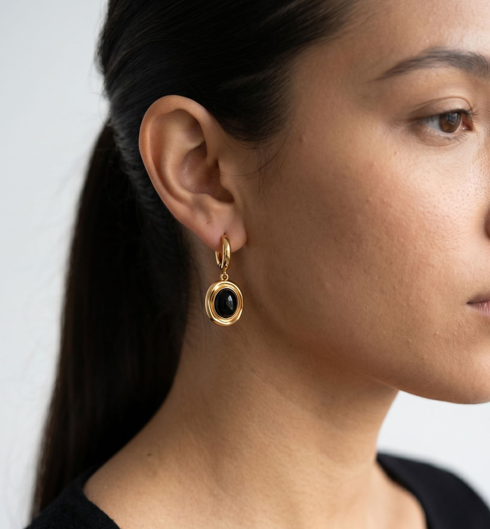 Enso Black Onyx and Molten Gold Drop Huggies