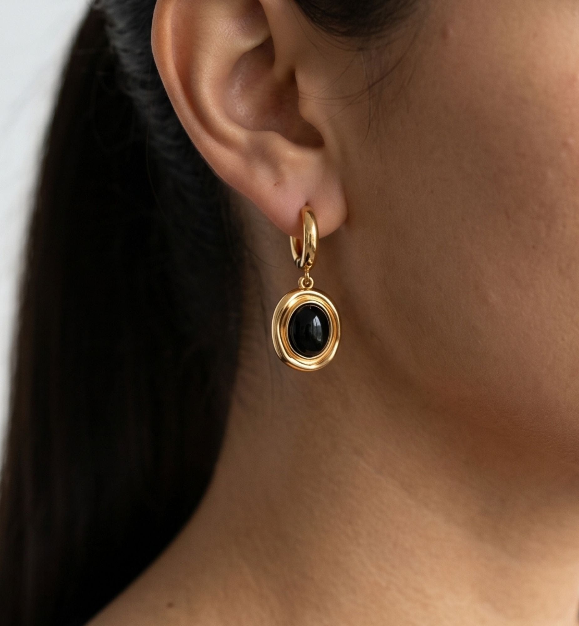 Enso Black Onyx and Molten Gold Drop Huggies