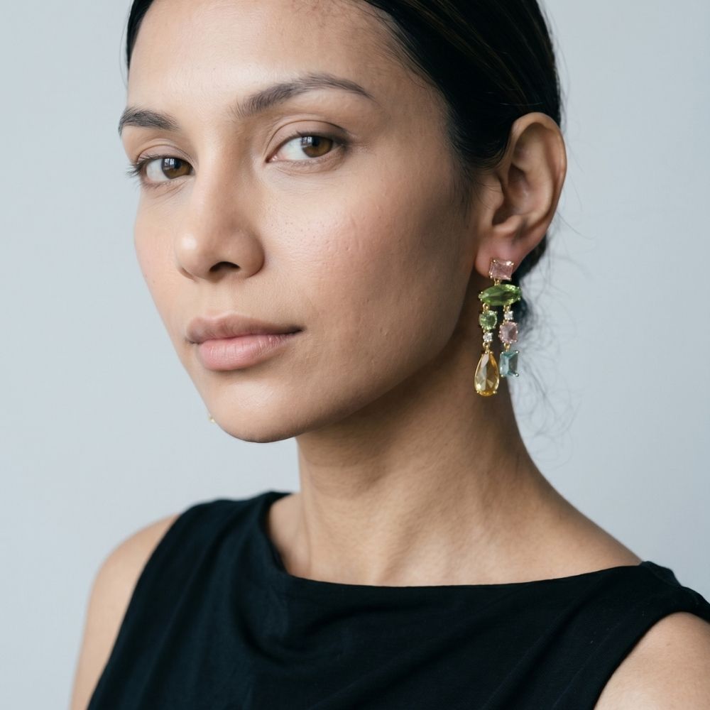 Hanabi Mixed Stone Drop Mismatch Earrings