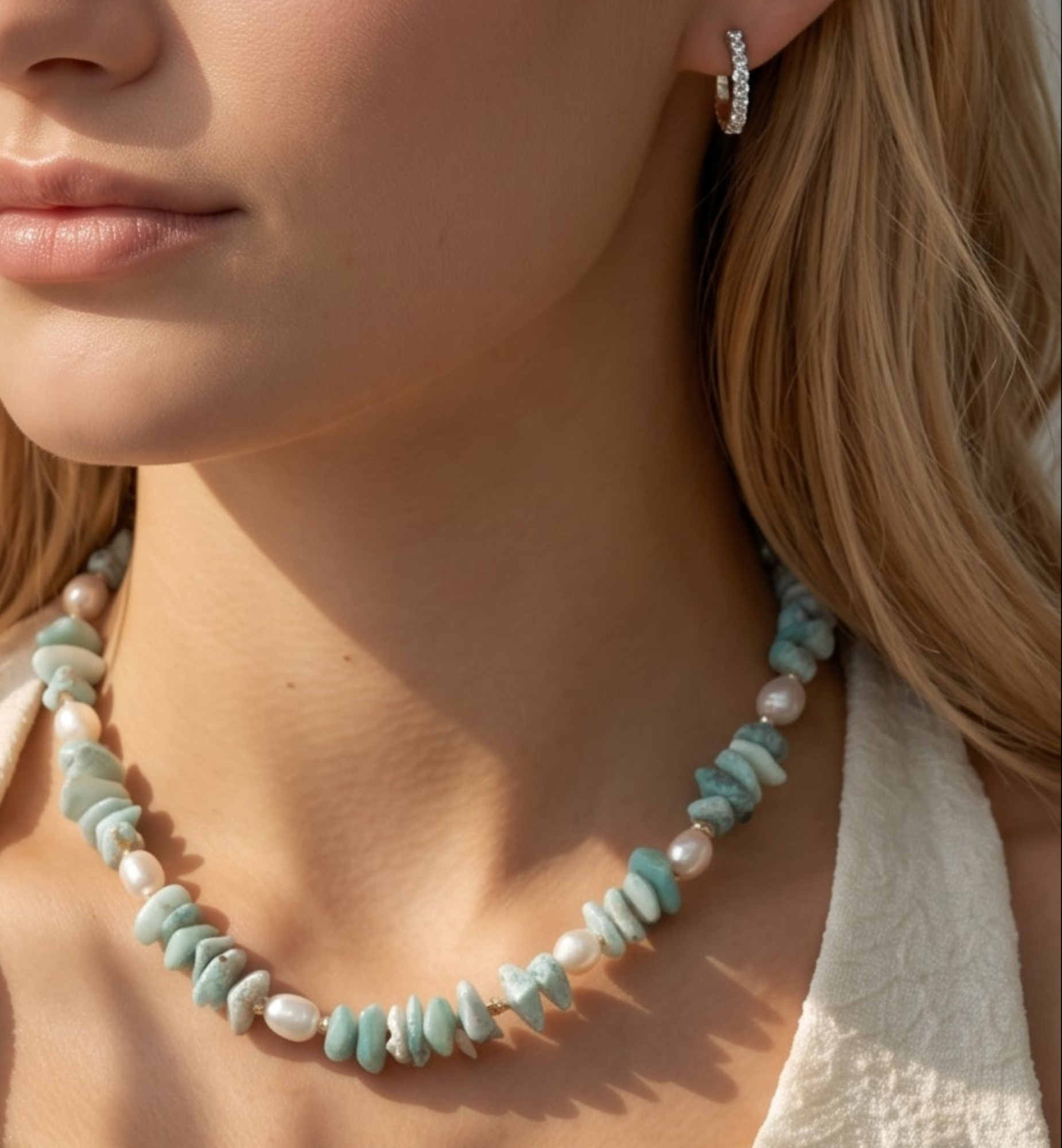 Shinju Pearl and Aqua Larimar Stone Necklace