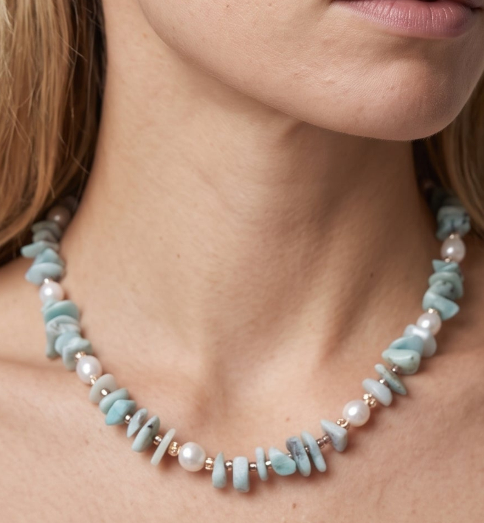 Shinju Pearl and Aqua Larimar Stone Necklace