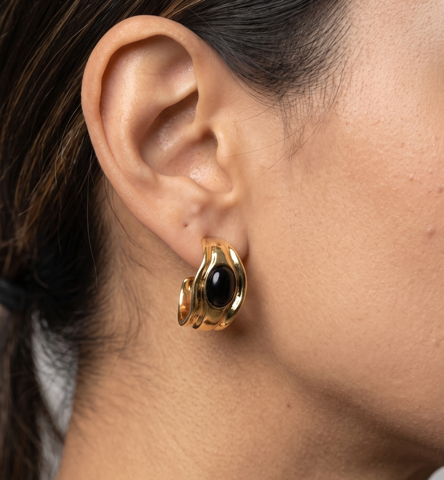 Enso Black Onyx Molten Gold Hoop Earrings