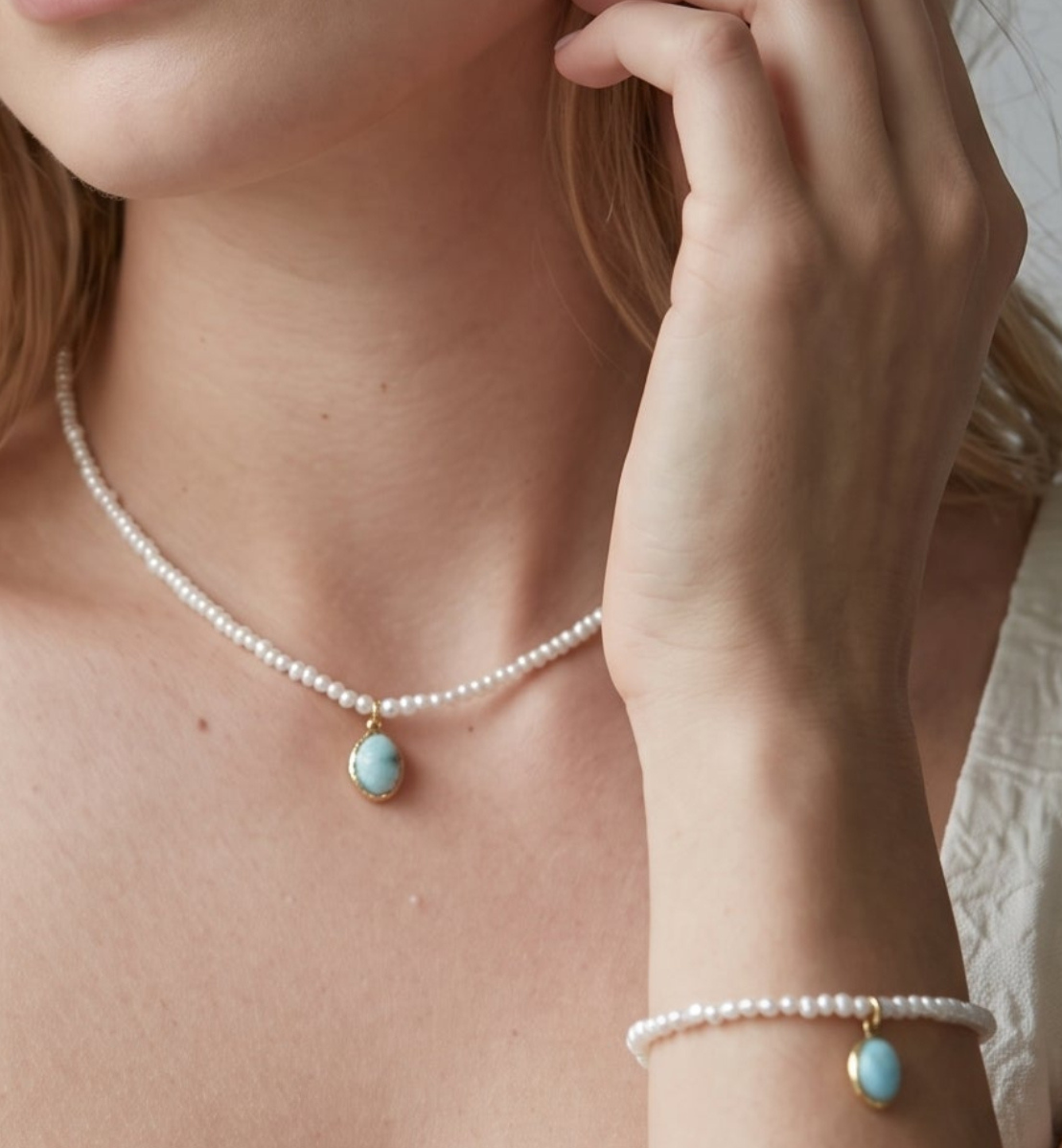 Shinju Pearl and Larimar Stone Pendant Bracelet