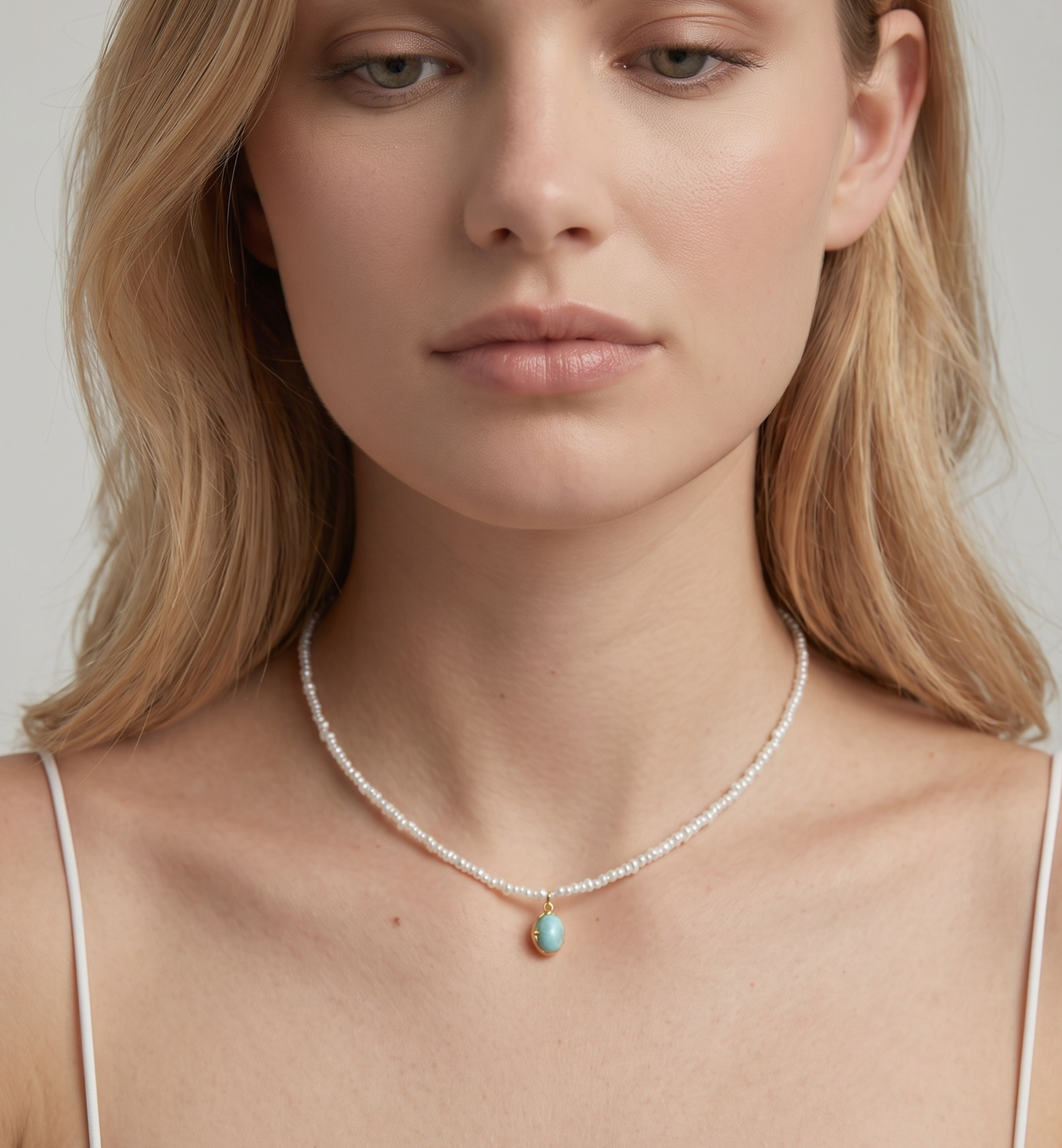 Shinju Pearl and Larimar Stone Pendant Necklace