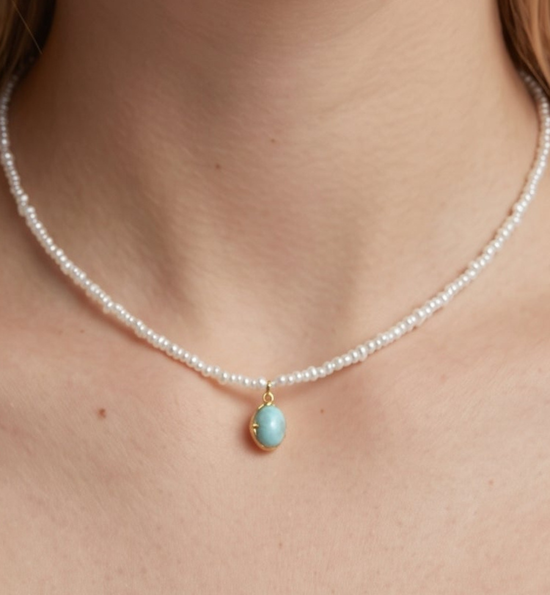 Shinju Pearl and Larimar Stone Pendant Necklace