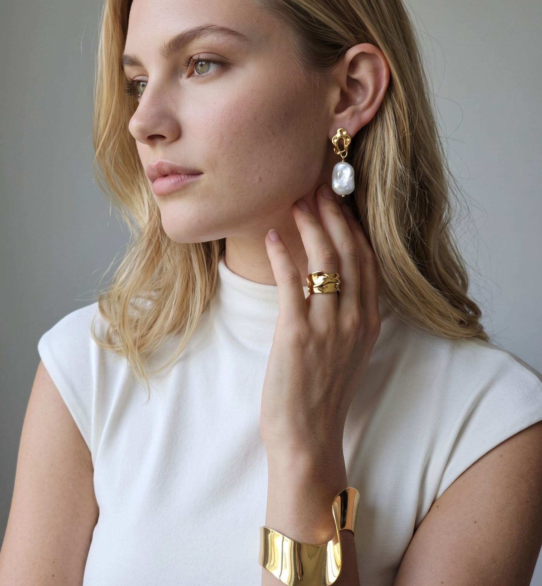 Shinju Baroque Pearl and Molten Gold Earrings