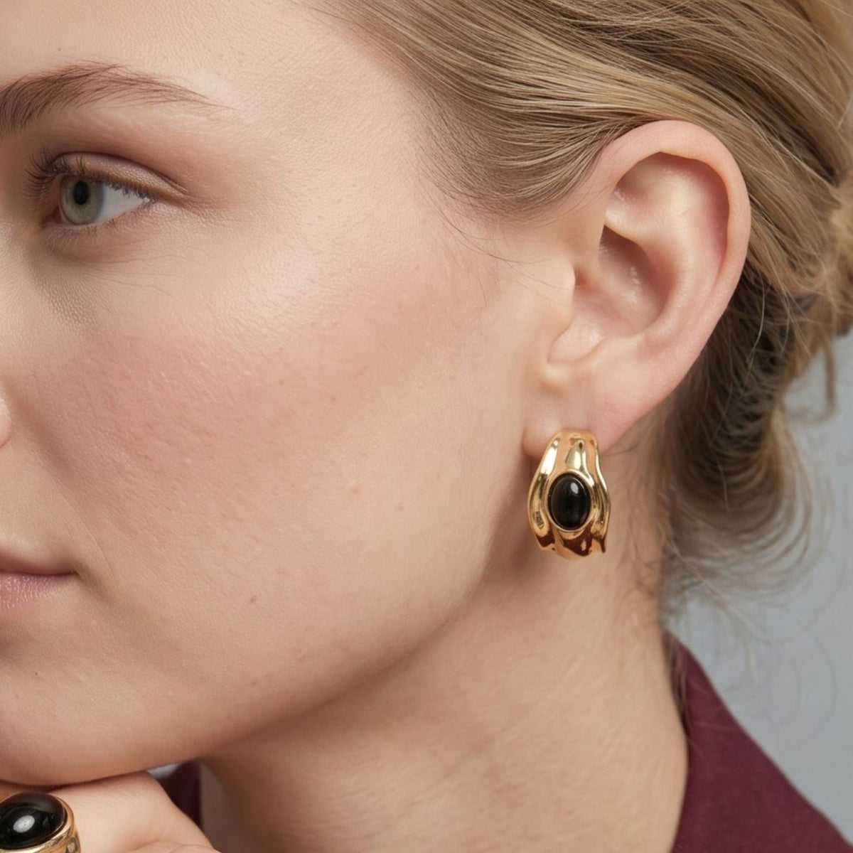 Enso Black Onyx Molten Gold Hoop Earrings