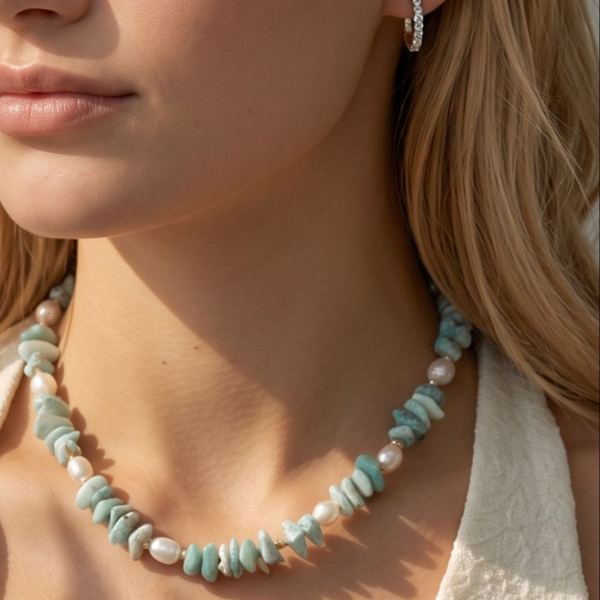 Shinju Pearl and Aqua Larimar Stone Necklace