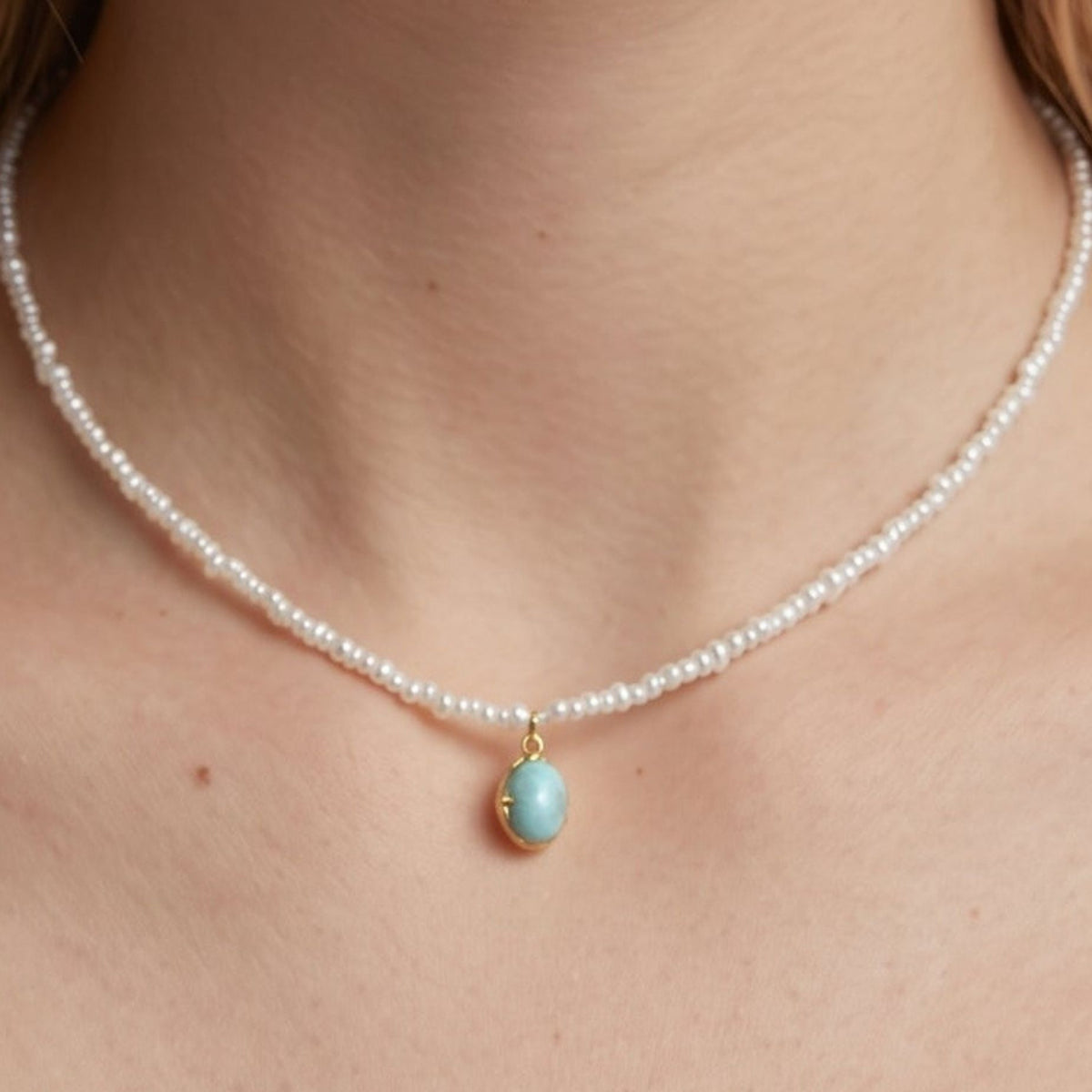 Shinju Pearl and Larimar Stone Pendant Necklace