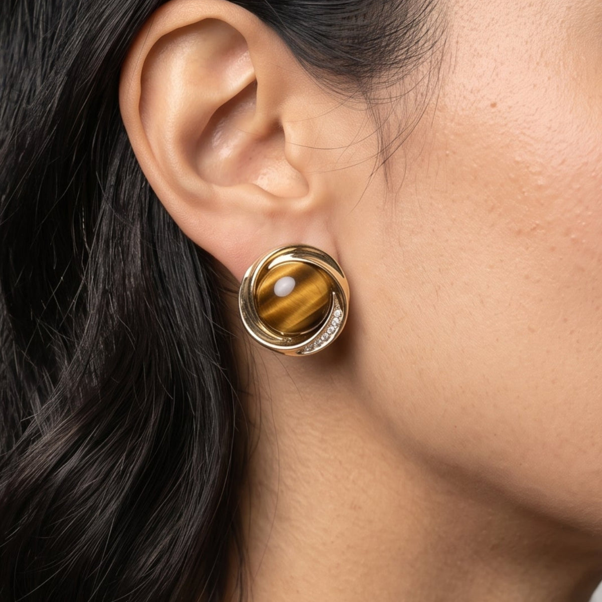 Nekomeishi Tigers Eye Gold Stone Stud Earrings