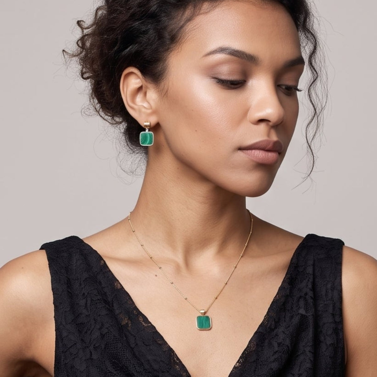 Shikaku Solid 925 silver with 18K Gold Vermeil and Malachite Square Necklace
