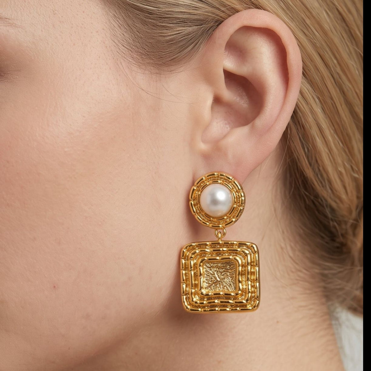 Shinju Pearl and Sculptural Square Earrings