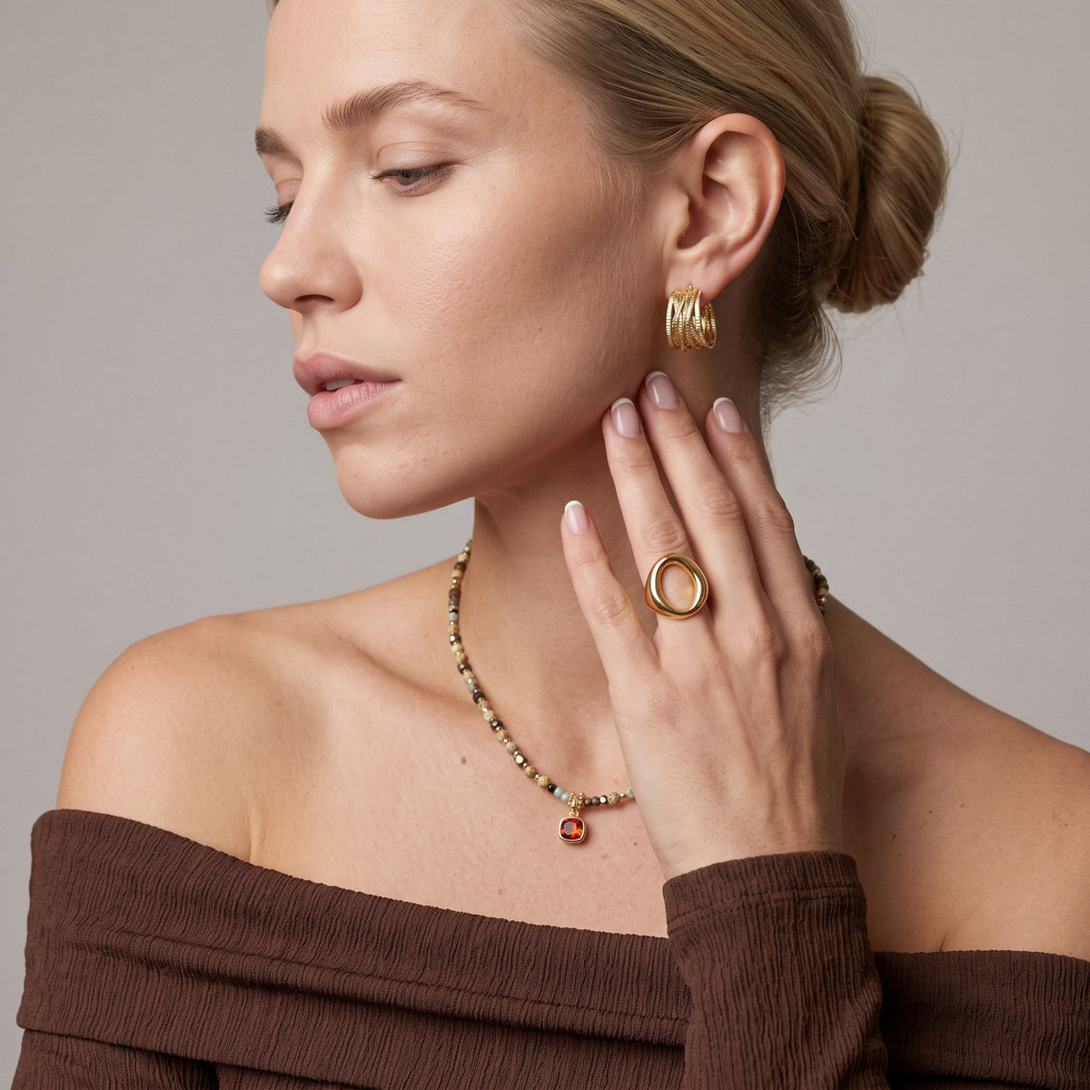 Shikaku Orange Stone and Mutli Bead Necklace