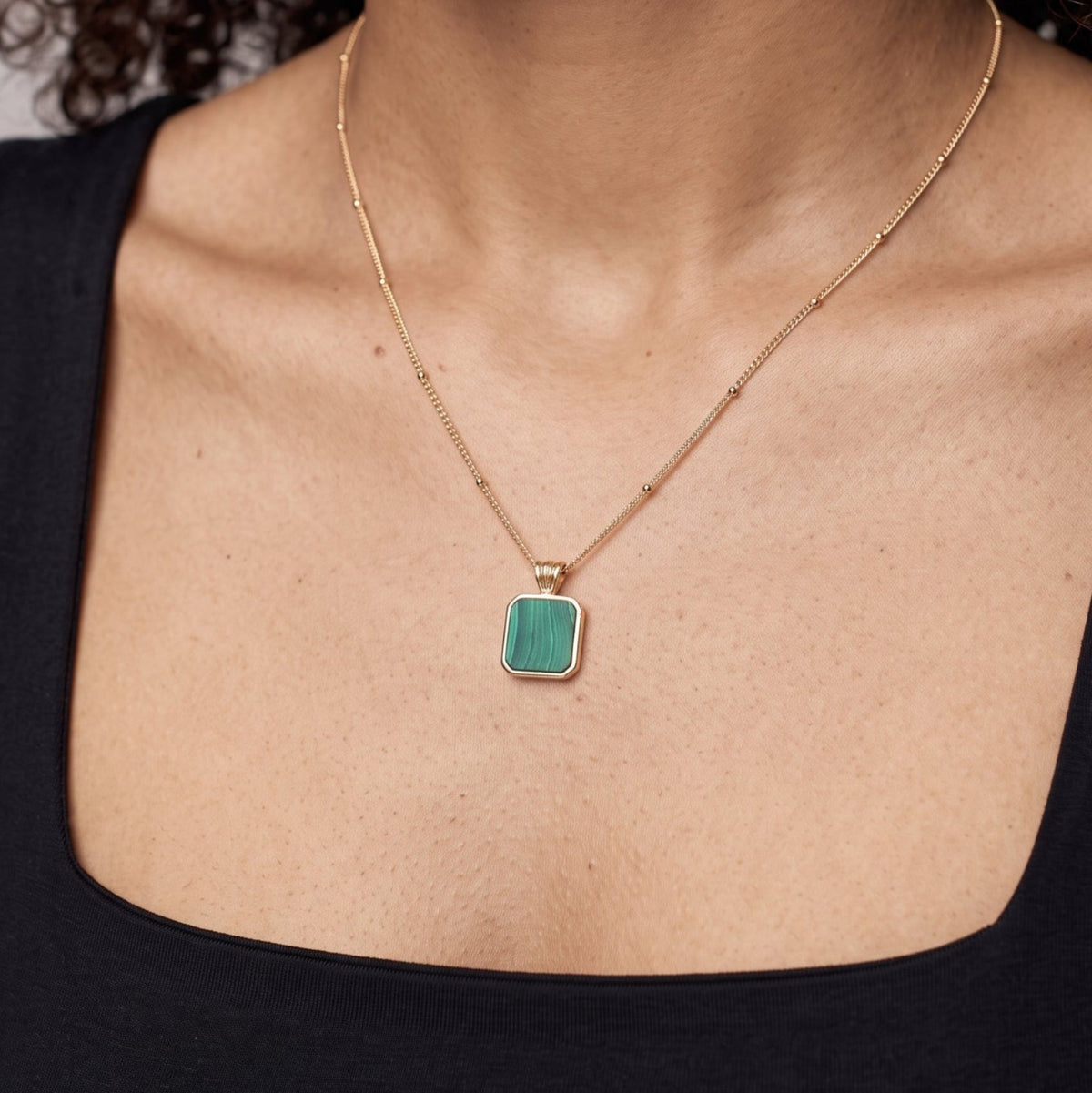 Shikaku Solid 925 silver with 18K Gold Vermeil and Malachite Square Necklace