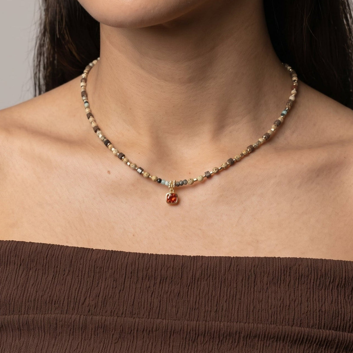 Shikaku Orange Stone and Mutli Bead Necklace