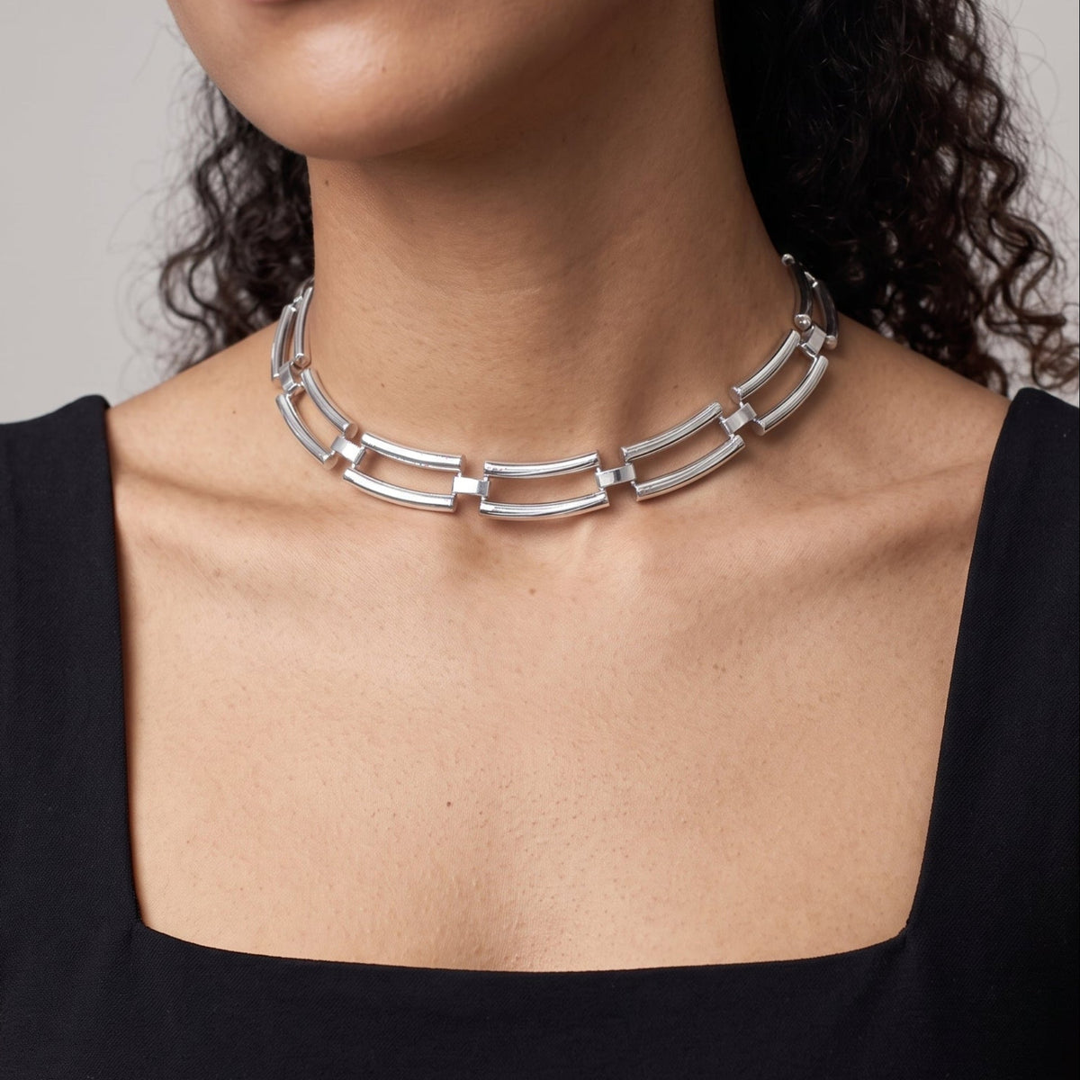 Shikaku Silver Rectangle Link Statement Necklace