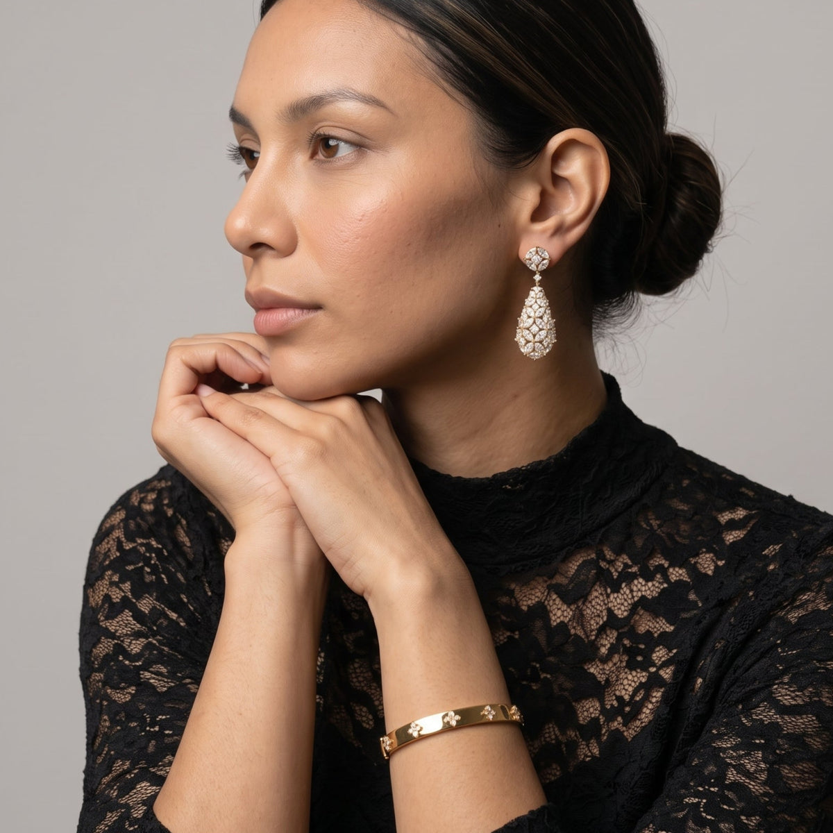 Kinmokusei Stone Floral Gold Drop Statement Earrings