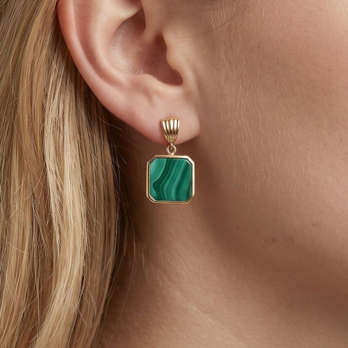 Shikaku Solid 925 silver with 18K Gold Vermeil and Malachite Square Drop Earrings