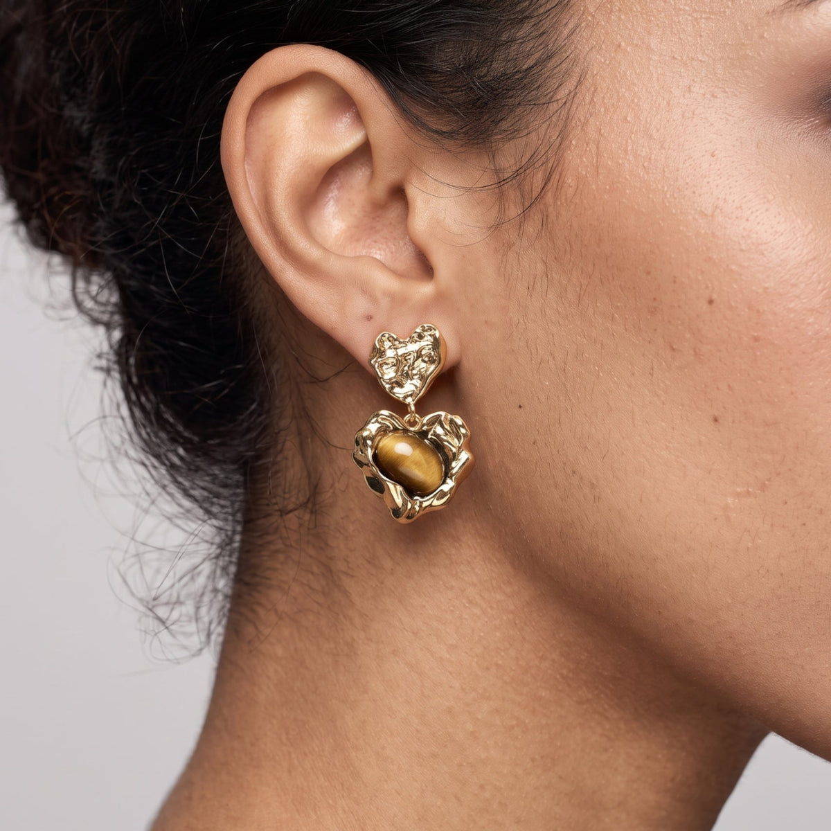 Nekomeishi Tigers Eye Stone Heart Drop Earrings