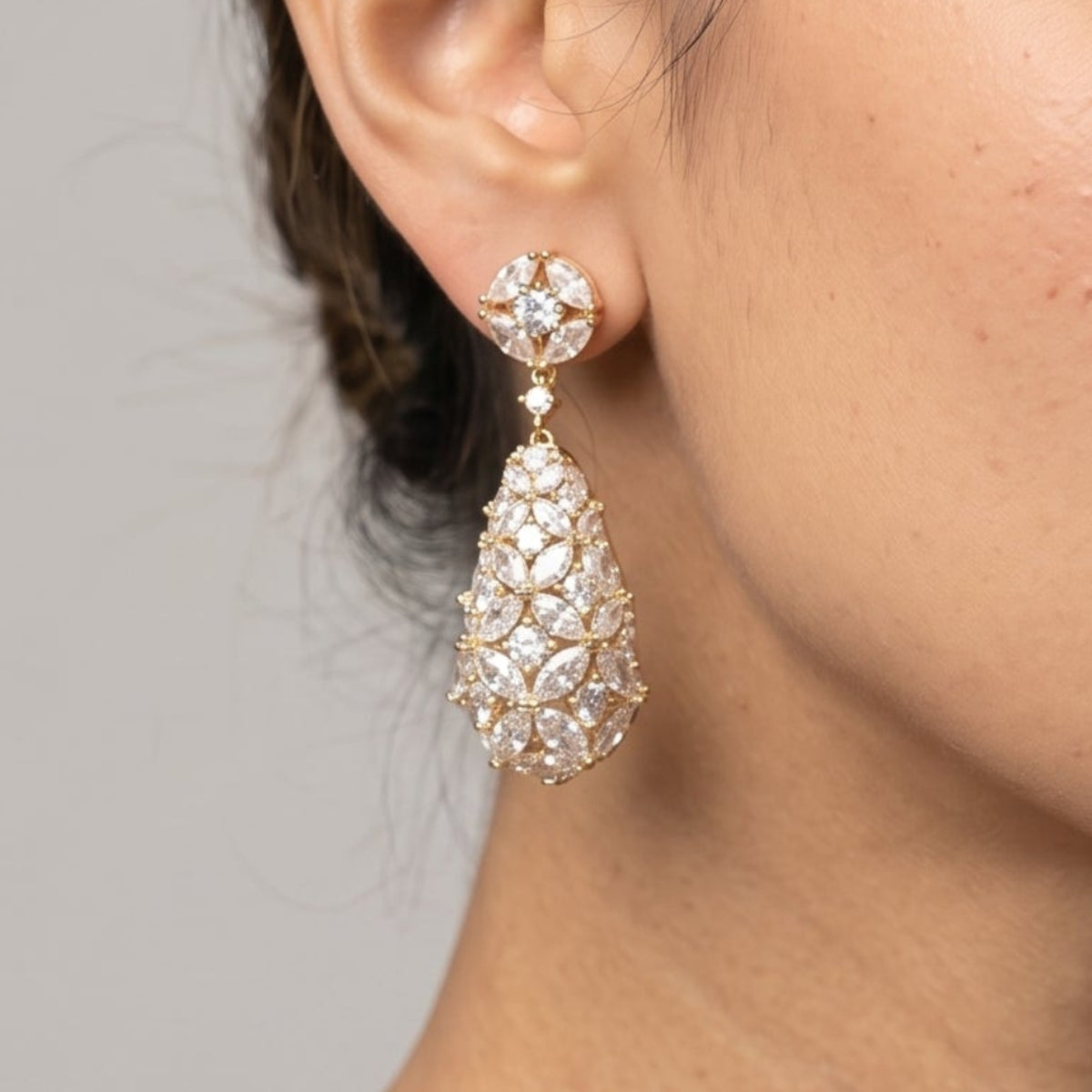 Kinmokusei Stone Floral Gold Drop Statement Earrings