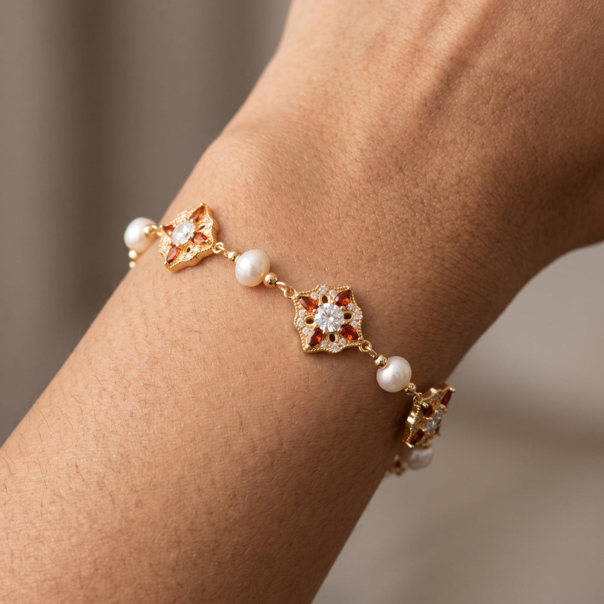 Kinmokusei Solid 925 Silver with 18K Gold Vermeil and Pearl Bracelet