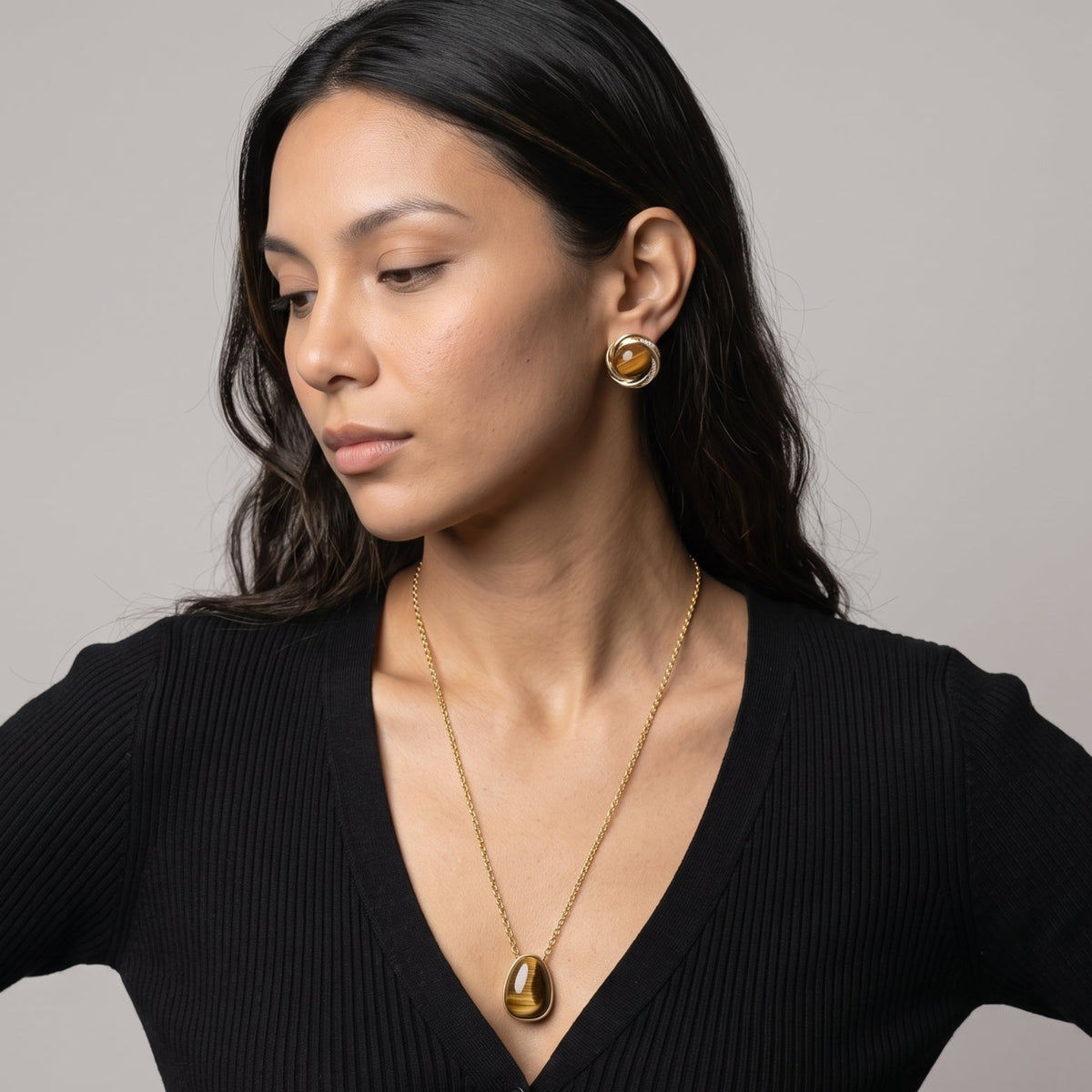 Nekomeishi Tigers Eye Gold Stone Stud Earrings