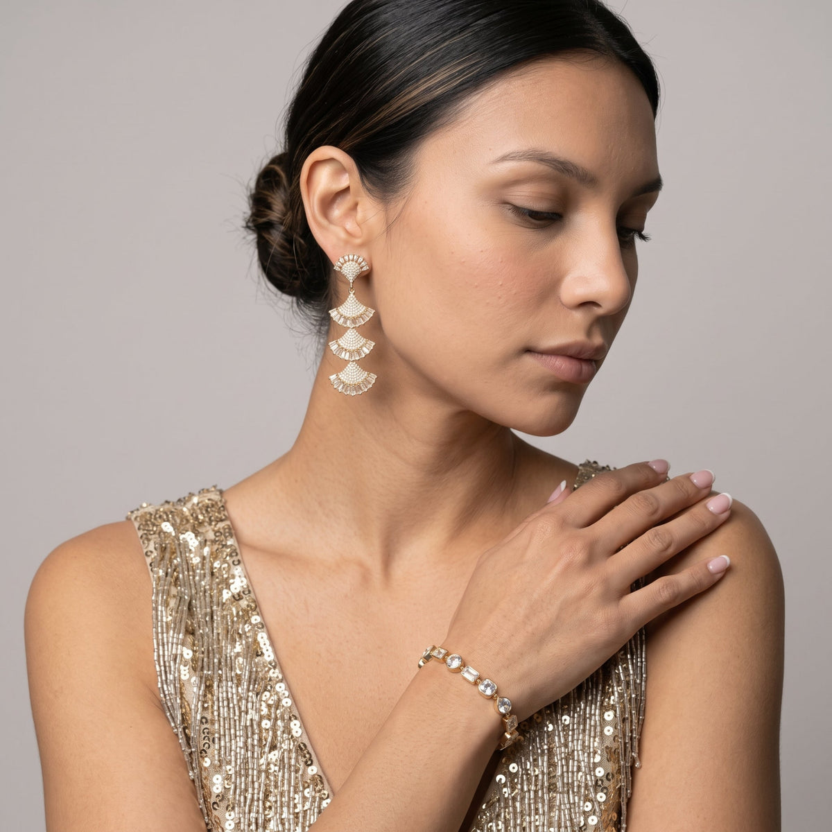 Gingko Rhinestone Layered Earrings