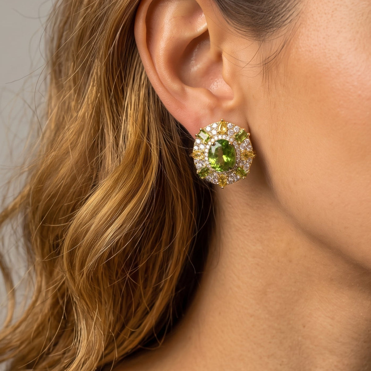 Hanabi Peridot and Yellow Stone Statement Stud Earrings
